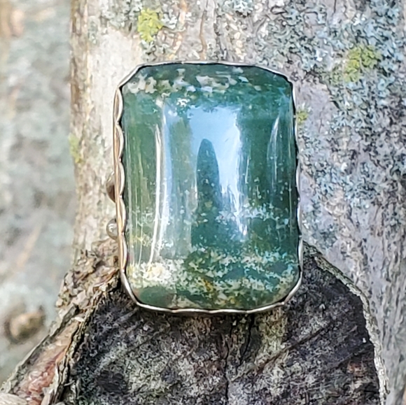 Navajo Sterling Signed TP Large 1" Tree Agate Ring 7 3/4 - Picture 5 of 11